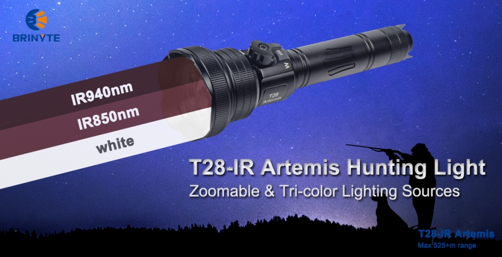 Brinyte T28-IR Artemis har tre farget lys etter ønske.